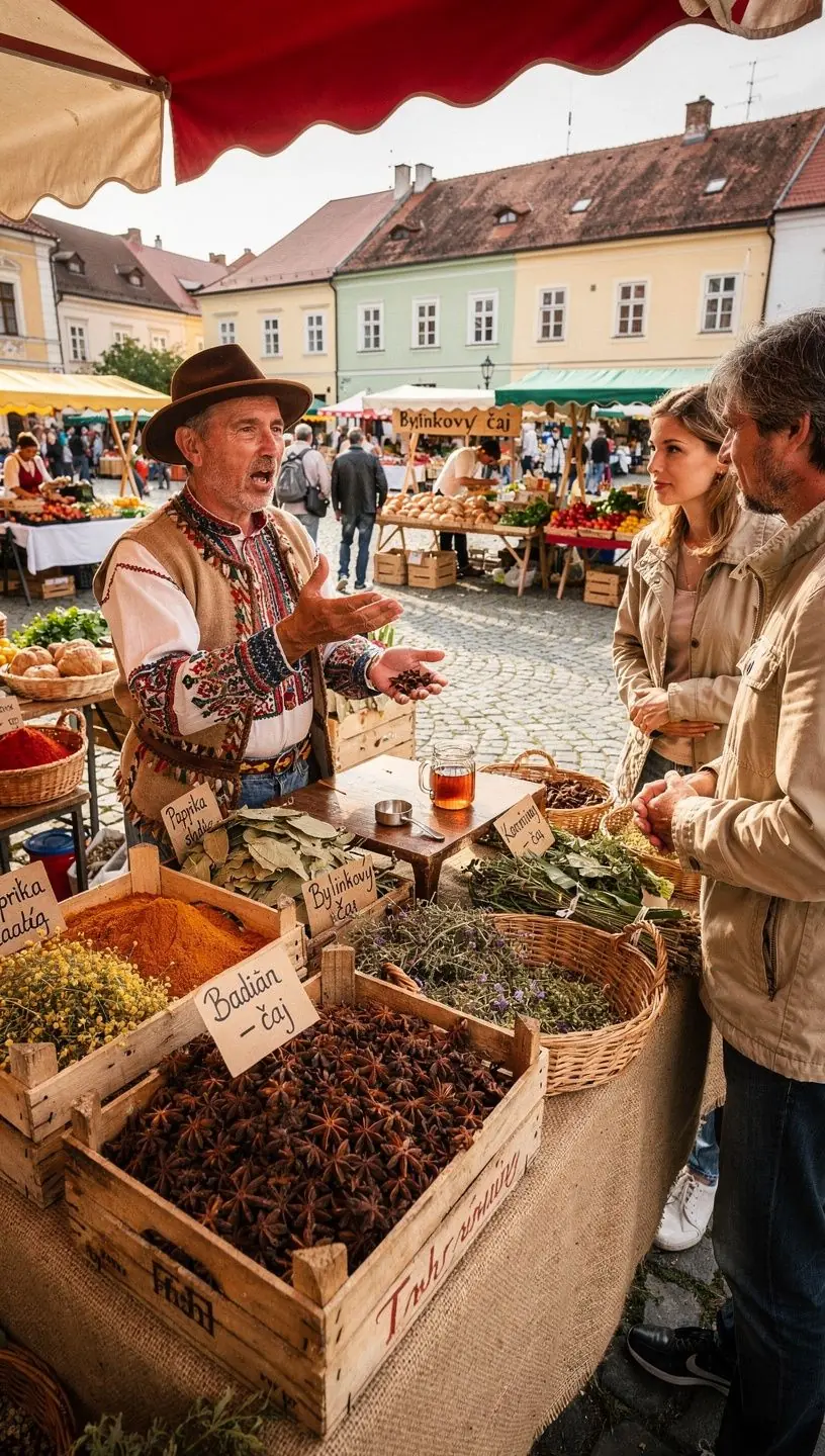 Detailná fotografia hviezdičkového anízu vedľa sušeného ovocia a byliniek.