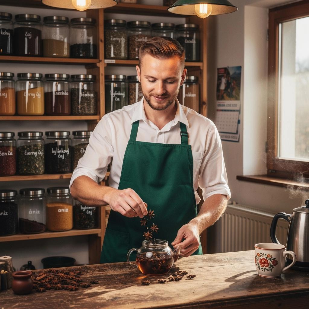 Čaj z hviezdicového anízu vo farebných šálkach s dekoratívnymi hviezdičkami.