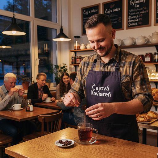 Pohľad na šálku čaju z hviezdicového anízu na stoloch s jesennou výzdobou.